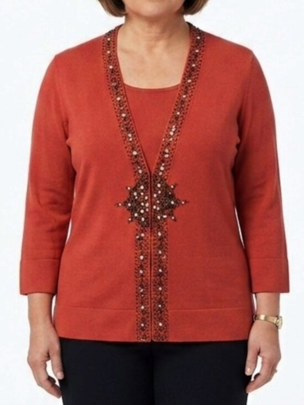 Nine West Coral Beaded/Bejeweled V Neck Cardigan - Sz. Lrg P
